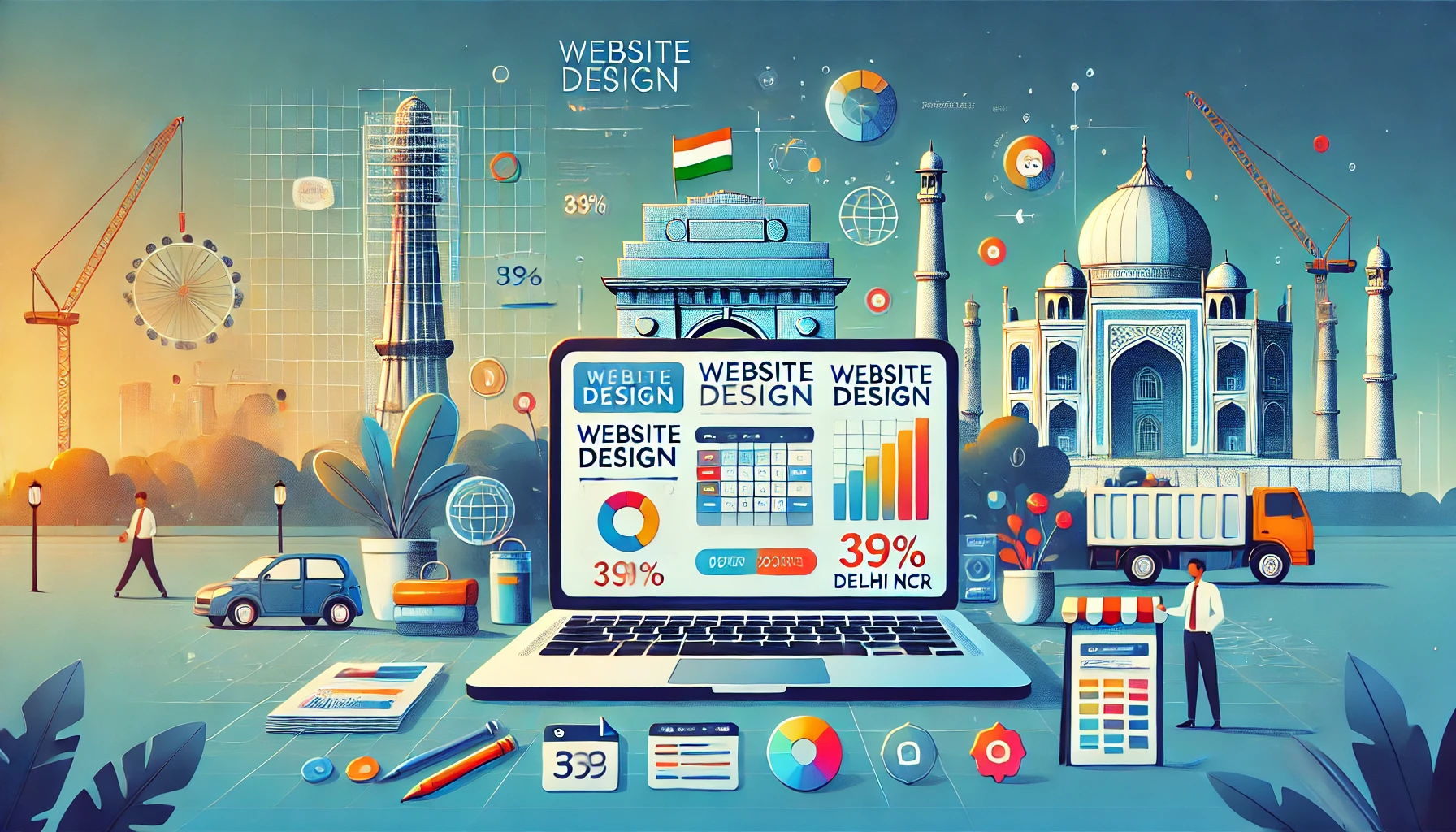 DALL·E 2025 08 20 17.50.17 A professional business themed illustration showing website design costs in Delhi NCR. The image features a modern laptop displaying a colorful websit